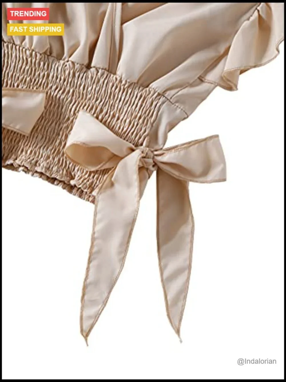 V-Neck Ruffle Cap Sleeve Side Bow Shirred Hem Crop Tank Top - Picture 5 of 5